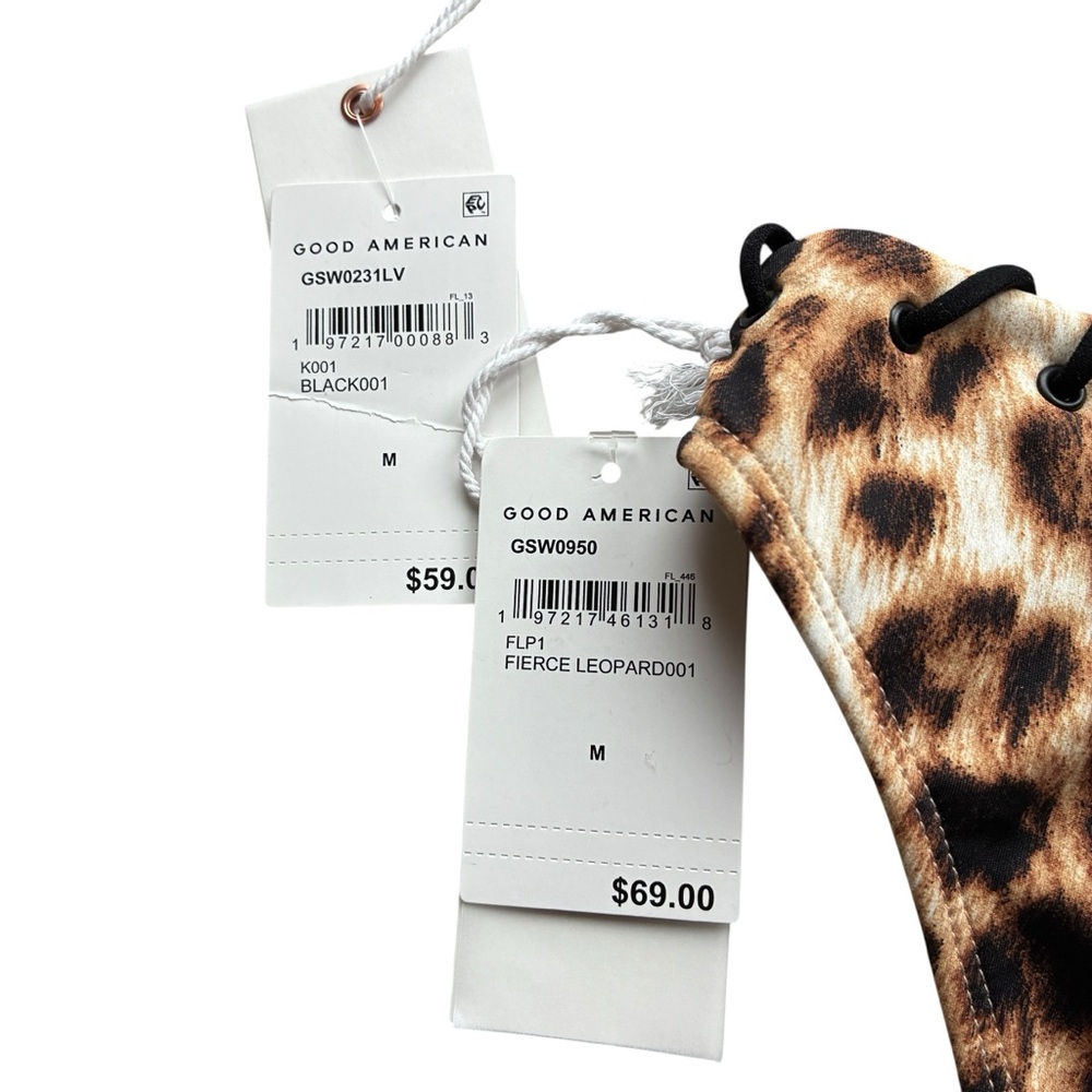Good American Leopard Bikini Set M Twist Front Top Whipstitch Bottoms NWT - Picture 4 of 6